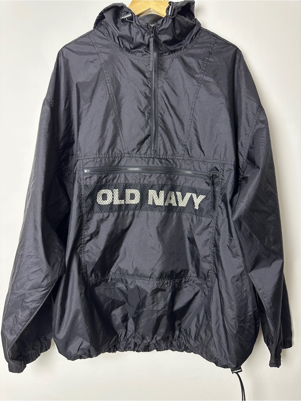 Vintage 90s Old Navy Spellout Anorak Windbreaker Jacket XL Black Packable